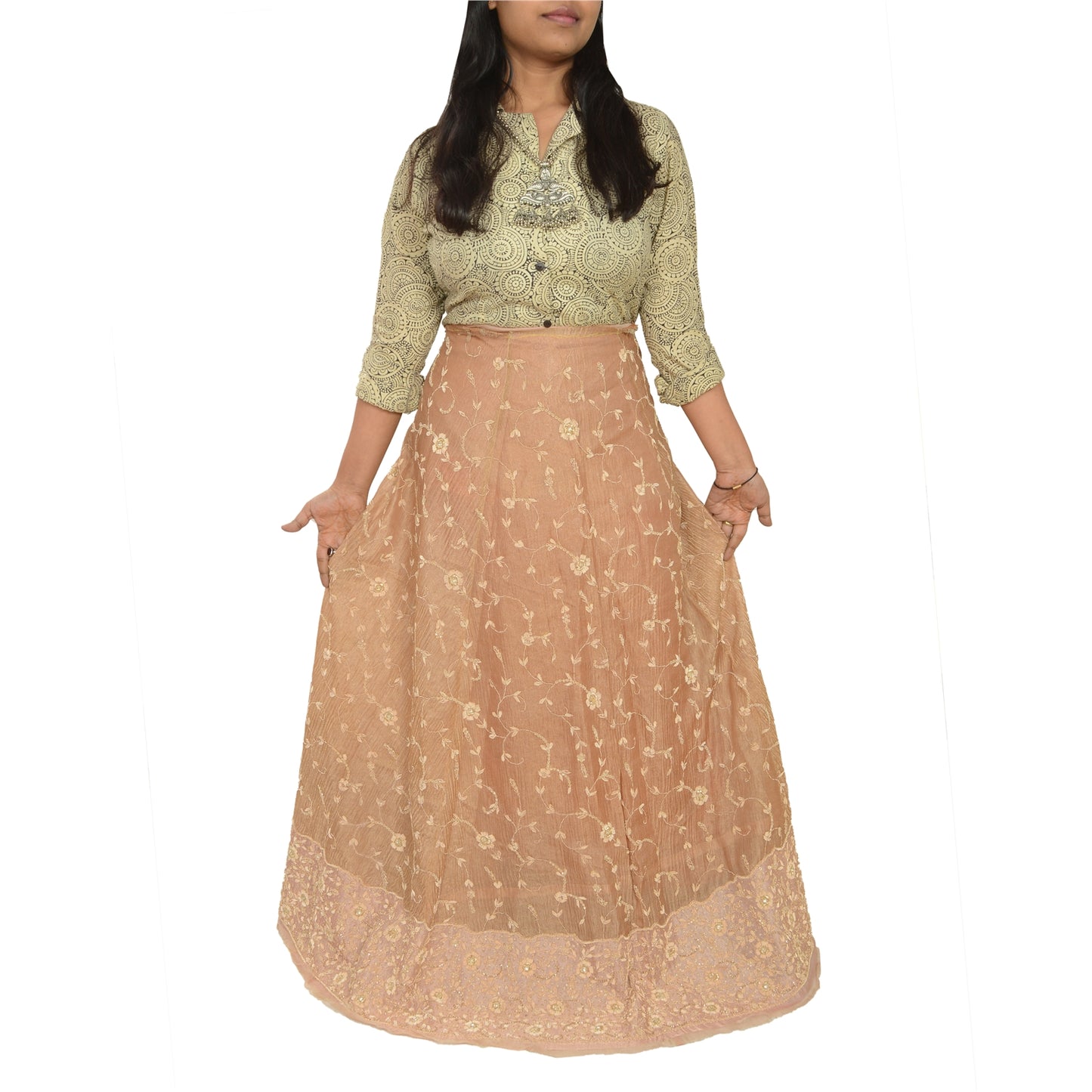 Sanskriti New Brown Long Skirt Pure Silk Hand Beaded Zari Unstitched Lehenga