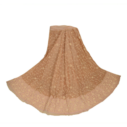 Sanskriti New Brown Pure Tissue Long Skirt Unstitched Hand Bead Antique Zardozi