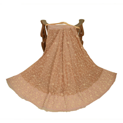 Sanskriti New Brown Pure Tissue Long Skirt Unstitched Hand Bead Antique Zardozi