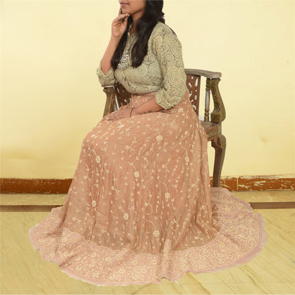 Sanskriti New Brown Pure Tissue Long Skirt Unstitched Hand Bead Antique Zardozi