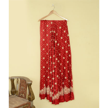 Sanskriti New Red Long Skirt Pure Satin Silk Hand Beaded Unstitched Lehenga