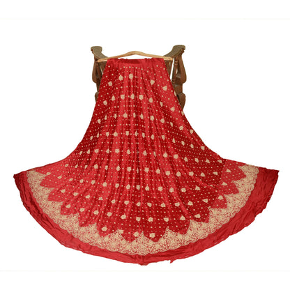 Sanskriti New Red 100% Pure Satin Silk Long Skirt Hand Beaded Unstitched Wedding