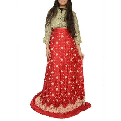 Sanskriti New Red 100% Pure Satin Silk Long Skirt Hand Beaded Unstitched Wedding