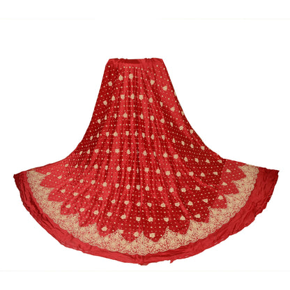 Sanskriti New Red 100% Pure Satin Silk Long Skirt Hand Beaded Unstitched Wedding