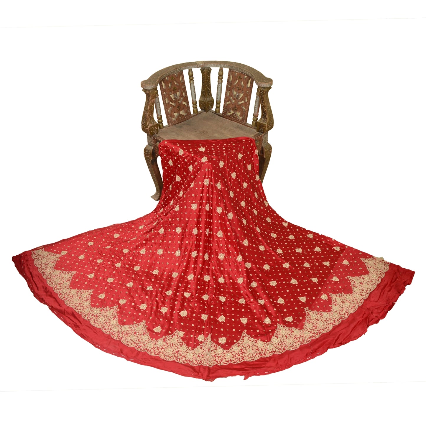 Sanskriti New Red 100% Pure Satin Silk Long Skirt Hand Beaded Unstitched Wedding