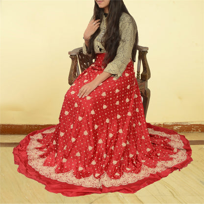 Sanskriti New Red Long Skirt Pure Satin Silk Hand Beaded Unstitched Lehenga