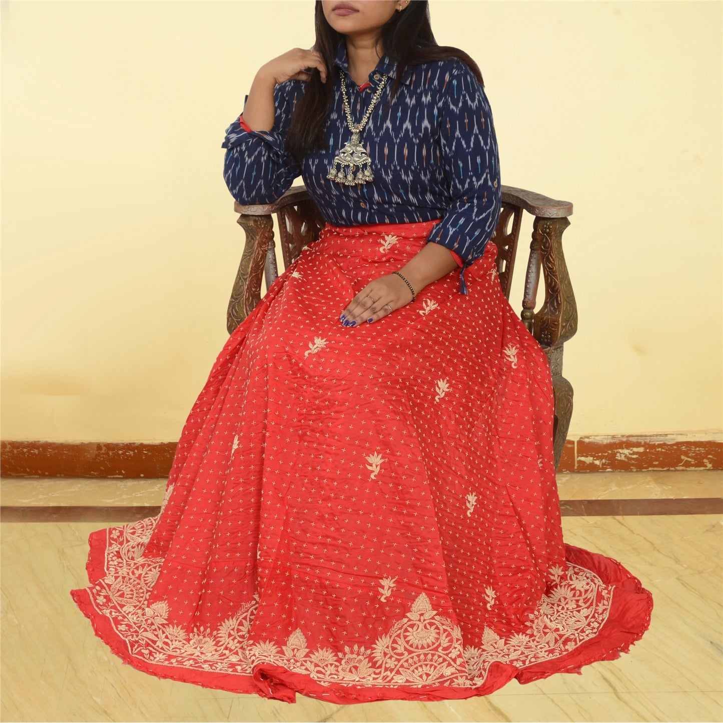 Sanskriti New Long Skirt Pure Satin Silk Hand Embroidered Unstitched Lehenga