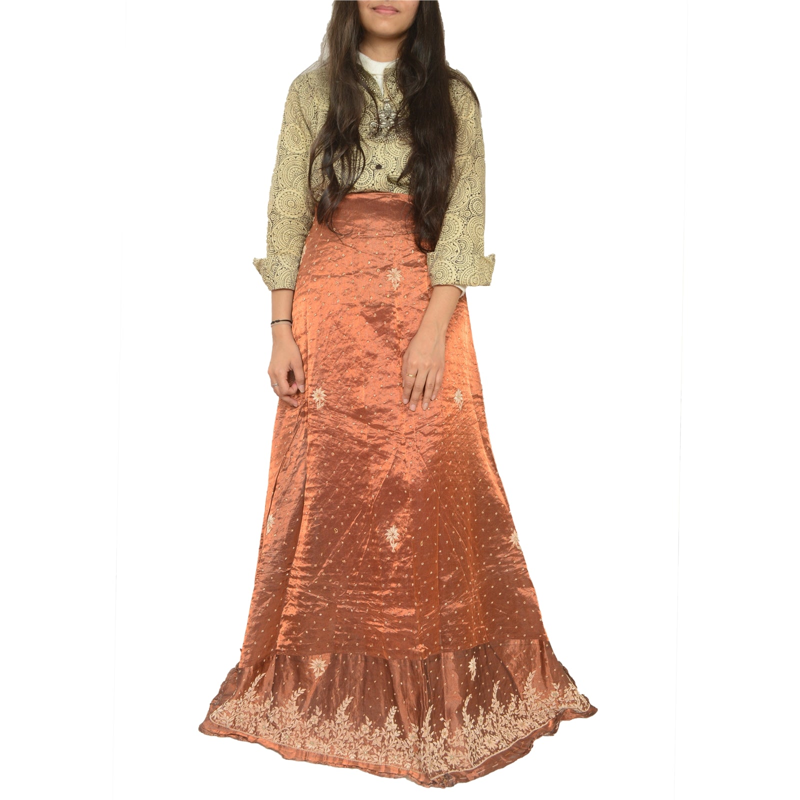 Sanskriti New Copper 100%Pure Tissue Silk Long Skirt Unstitched Handmade Wedding