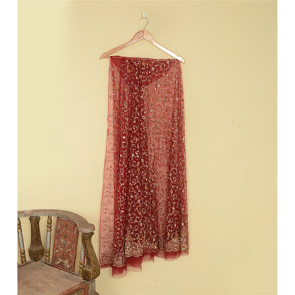 Sanskriti New Red Long Bridal Skirt Net Mesh Hand Beaded Unstitched Lehenga