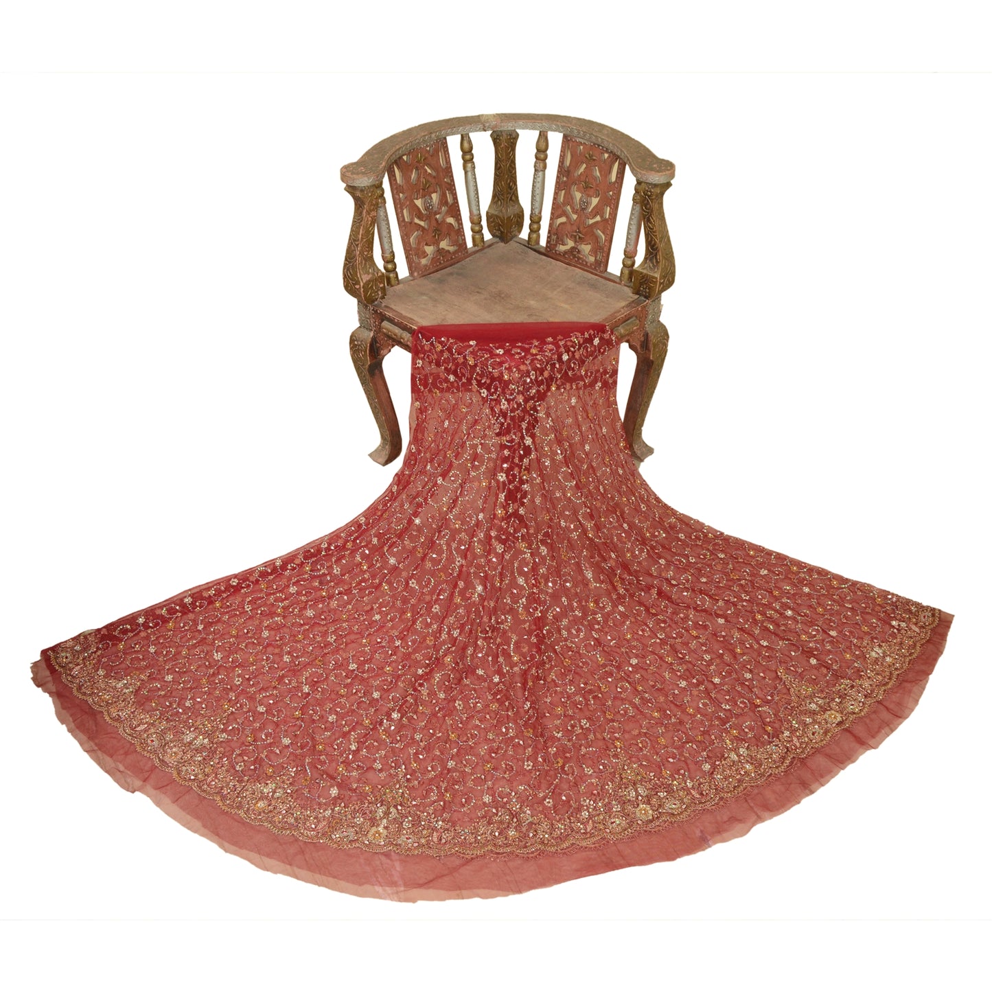 Sanskriti New Red Long Bridal Skirt Net Mesh Hand Beaded Unstitched Lehenga