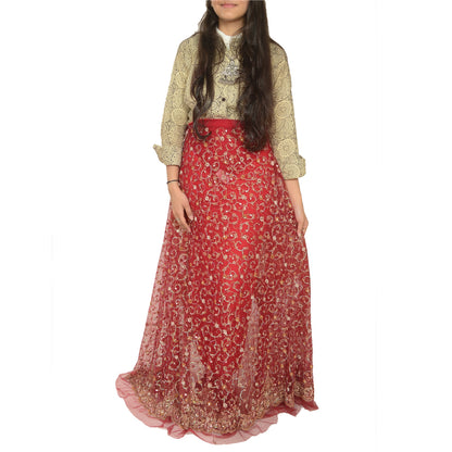 Sanskriti New Red Long Bridal Skirt Net Mesh Hand Beaded Unstitched Lehenga
