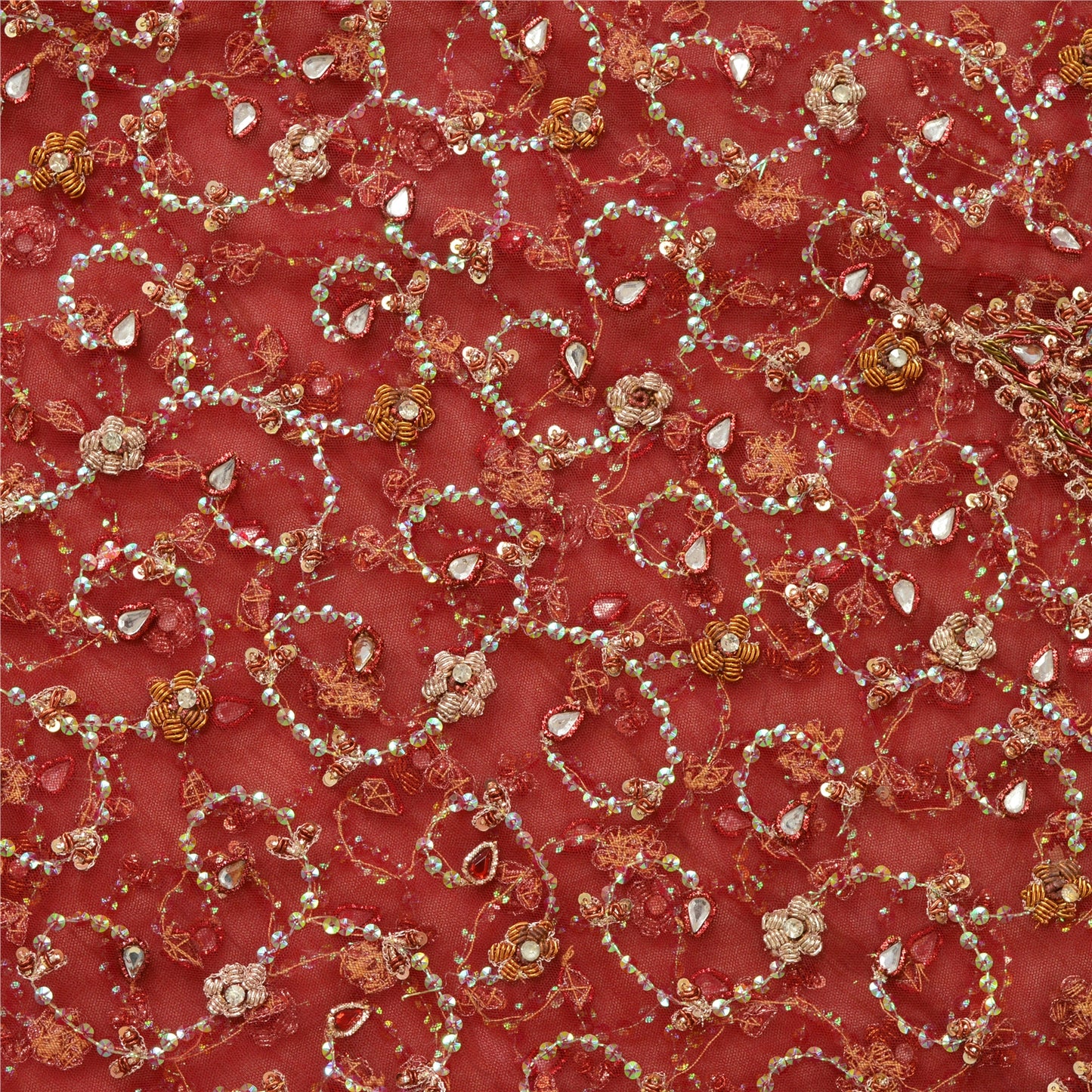 Sanskriti New Red Long Bridal Skirt Net Mesh Hand Beaded Unstitched Lehenga