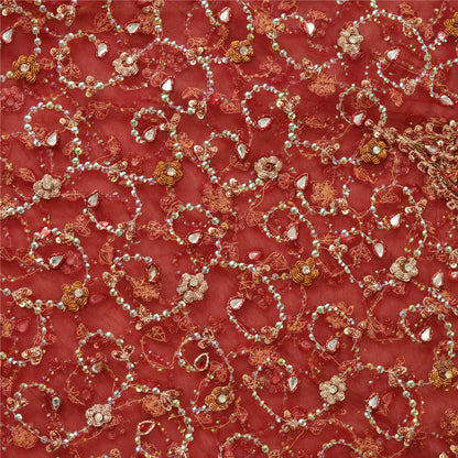 Sanskriti New Red Net Mesh Long Bridal Skirt Unstitched Hand Beaded Zardozi Zari