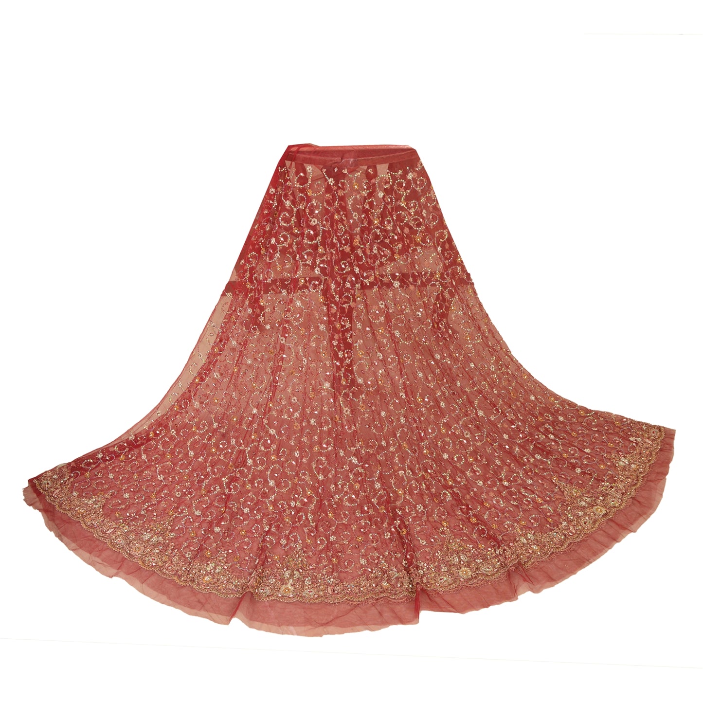 Sanskriti New Red Long Bridal Skirt Net Mesh Hand Beaded Unstitched Lehenga
