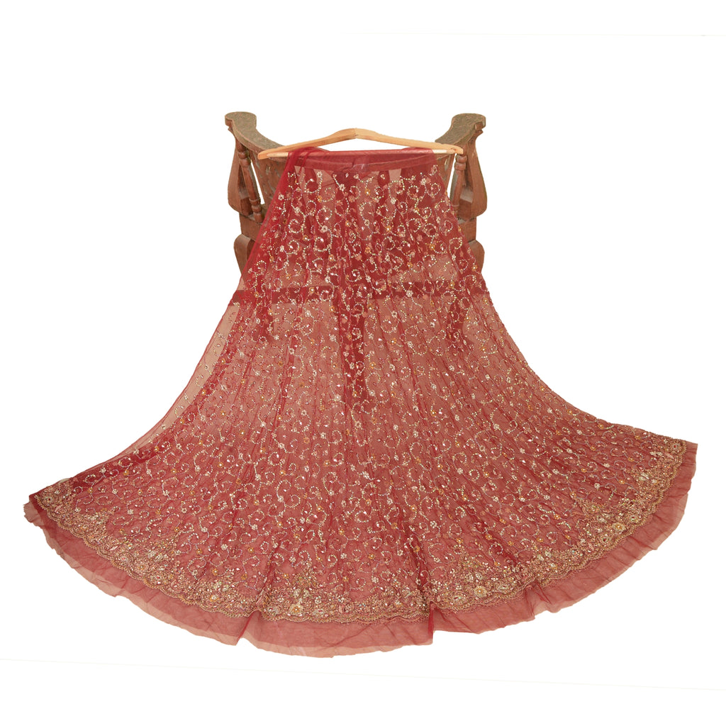 Sanskriti New Red Net Mesh Long Bridal Skirt Unstitched Hand Beaded Zardozi Zari