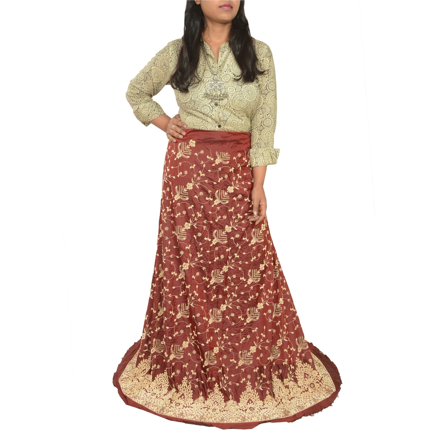 Sanskriti new Long Skirt Pure Satin Silk Hand Beaded Unstitched Lehenga