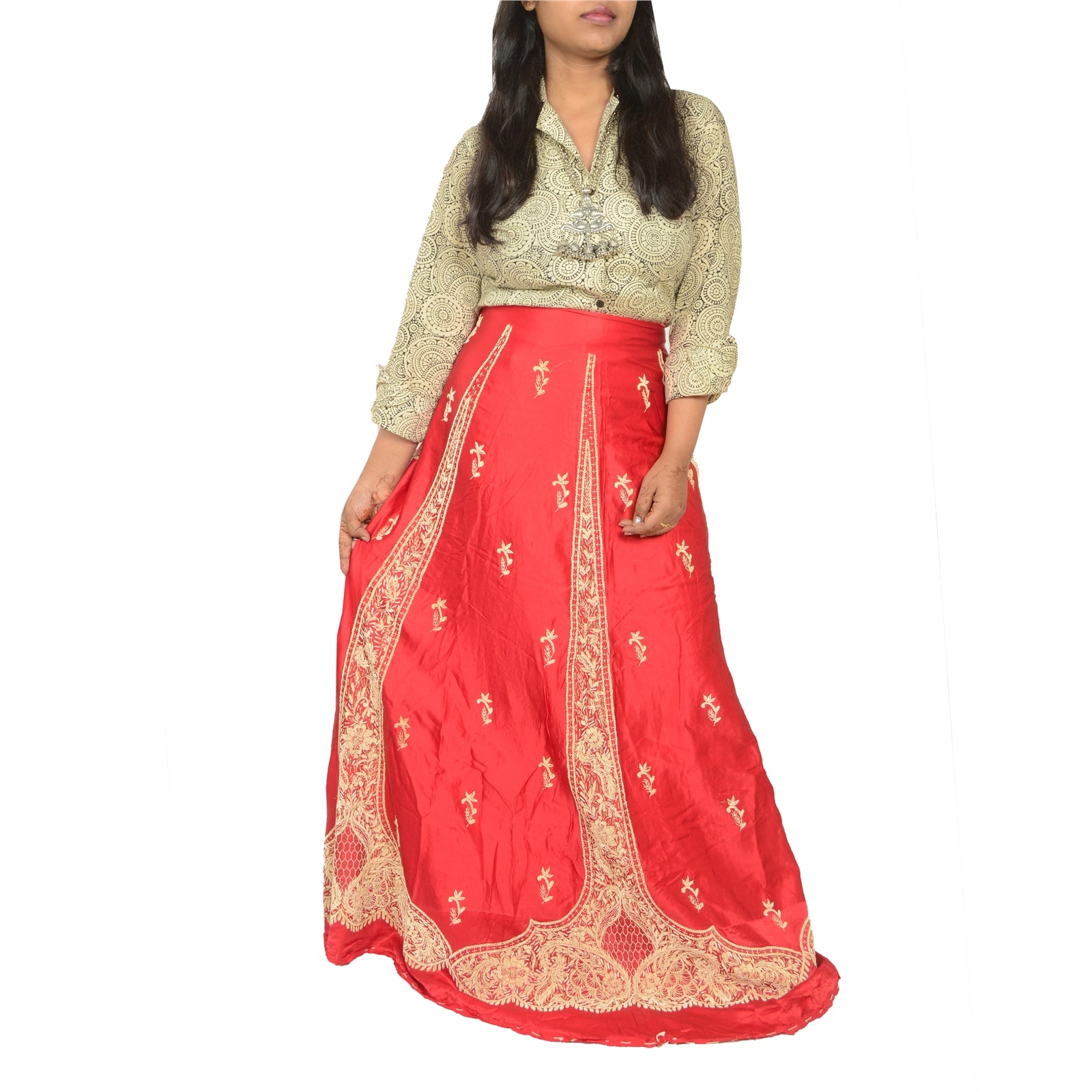 Sanskriti vintage Long Skirt Pure Satin Silk Hand Embroidered Unstitched Lehenga