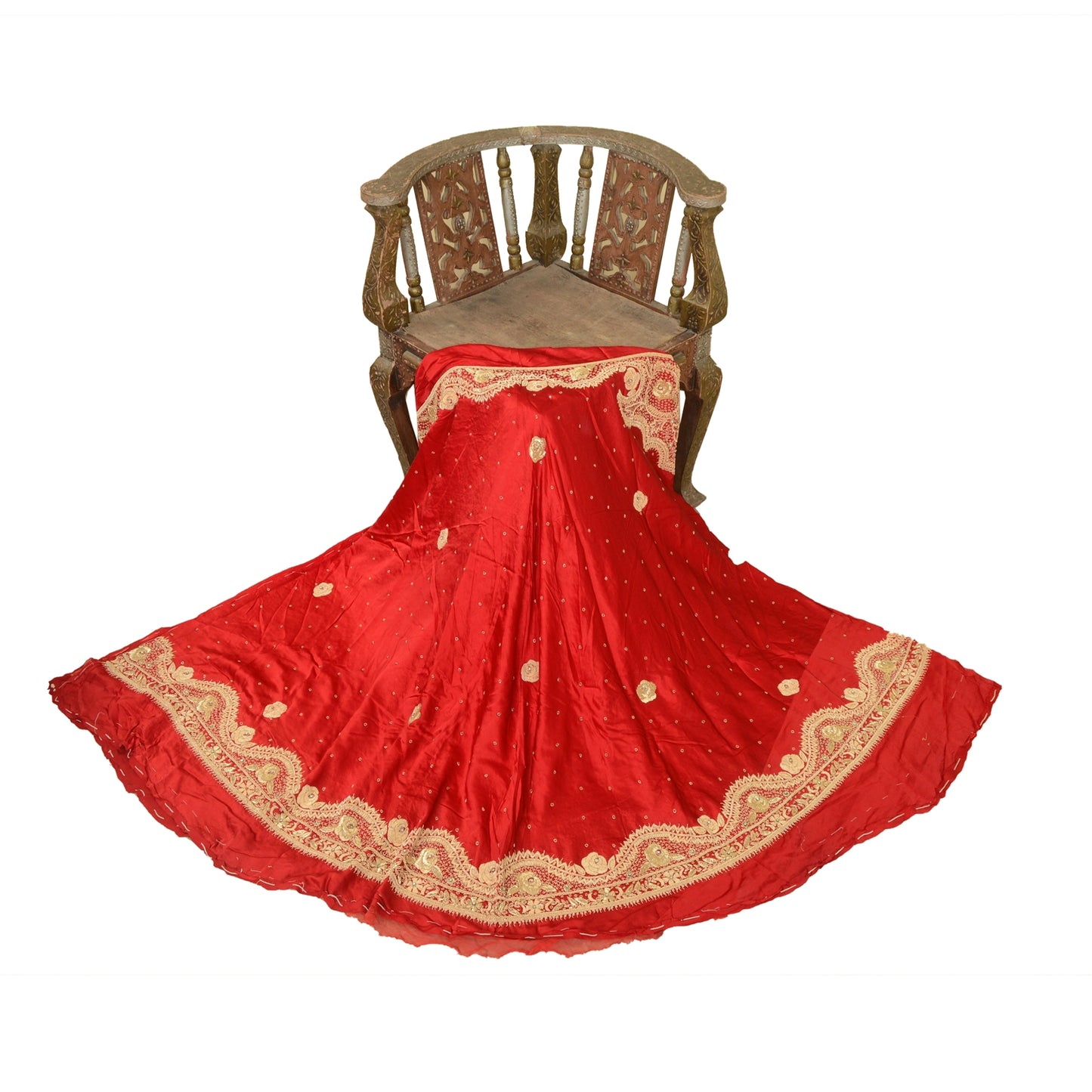 Sanskriti Vintage Red Pure Satin Silk Long Skirt Unstitched Hand Beaded Zardozi