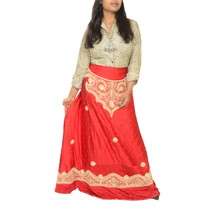 Sanskriti Vintage Red Pure Satin Silk Long Skirt Unstitched Hand Beaded Zardozi