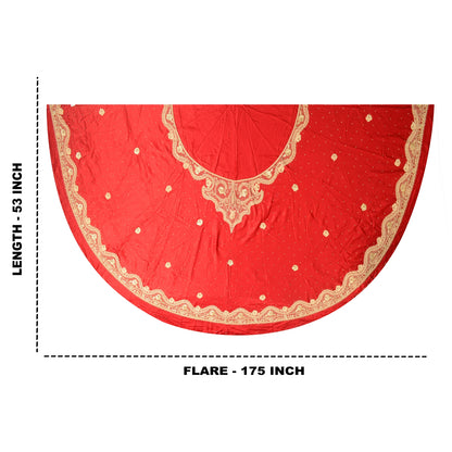 Sanskriti Vintage Red Pure Satin Silk Long Skirt Unstitched Hand Beaded Zardozi