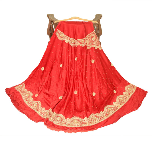 Sanskriti Vintage Red Pure Satin Silk Long Skirt Unstitched Hand Beaded Zardozi
