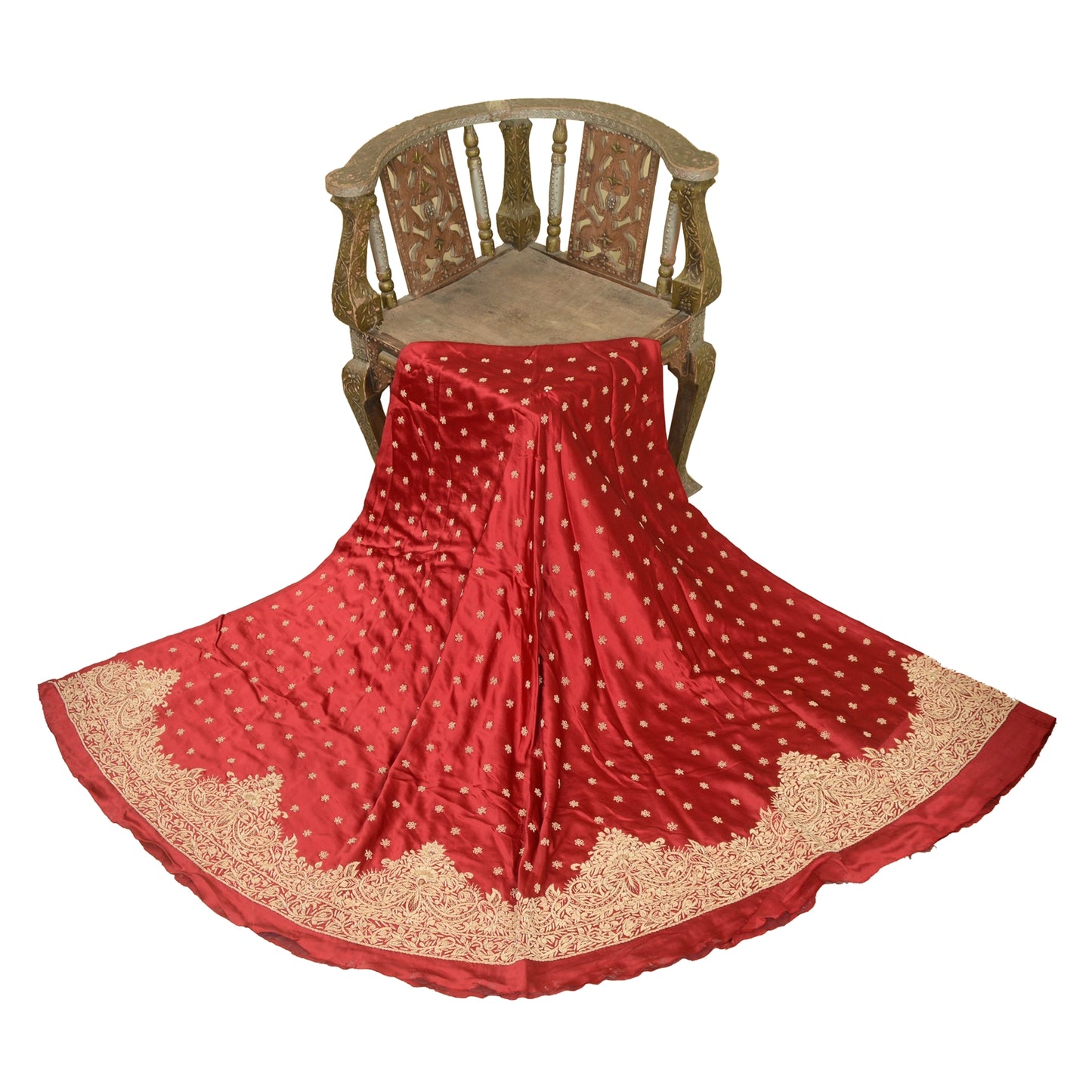 Sanskriti Vintage Red Long Skirt Pure Satin Silk Handmade Unstitched Lehenga