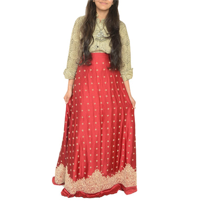 Sanskriti Vintage Red Long Skirt Pure Satin Silk Handmade Unstitched Lehenga