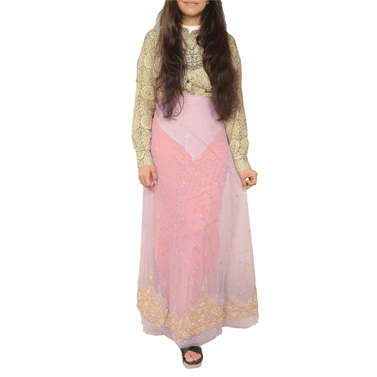 Sanskriti Vintage Lilac Long Skirt Net Mesh Hand Embroidered Unstitched Lehenga