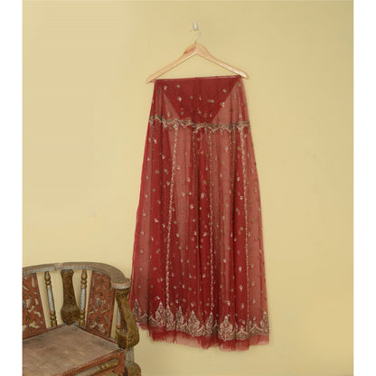 Sanskriti Vintage Dark Red Long Skirt Net Hand Embroidered Unstitched Lehenga