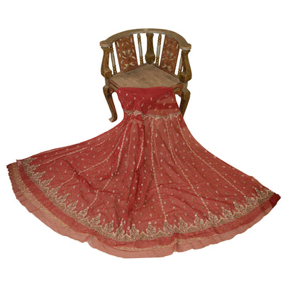 Sanskriti Vintage Dark Red Long Skirt Net Hand Embroidered Unstitched Lehenga
