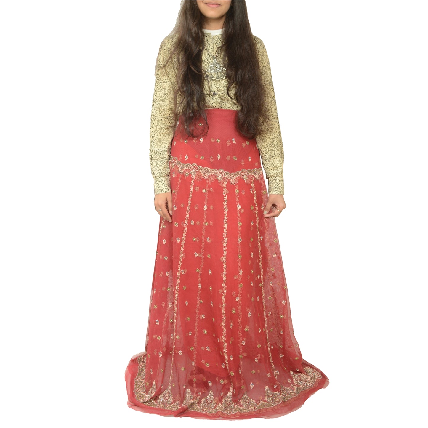 Sanskriti Vintage Dark Red Long Skirt Net Hand Embroidered Unstitched Lehenga