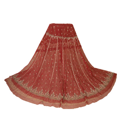 Sanskriti Vintage Dark Red Long Skirt Net Hand Embroidered Unstitched Lehenga