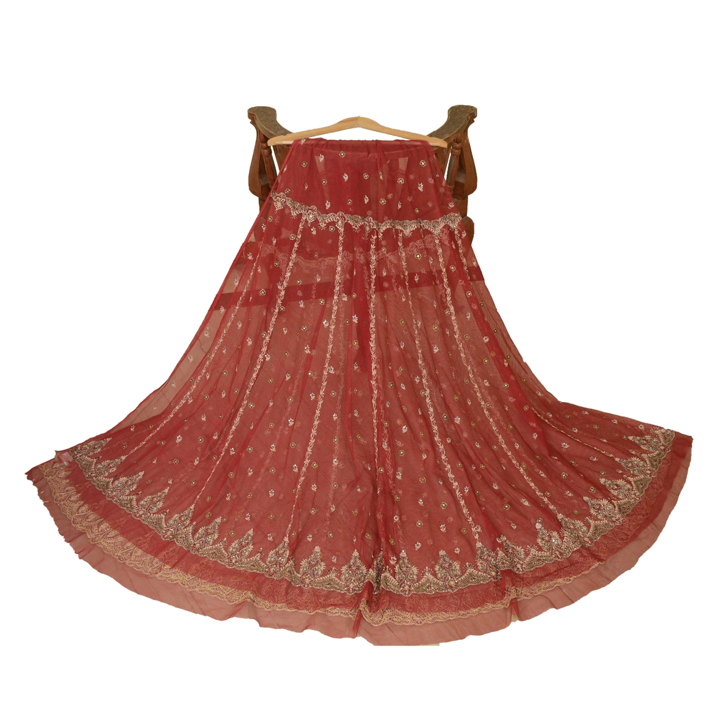 Sanskriti Vintage Dark Red Long Skirt Net Hand Embroidered Unstitched Lehenga