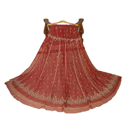 Sanskriti Vintage Dark Red Long Skirt Net Hand Embroidered Unstitched Lehenga
