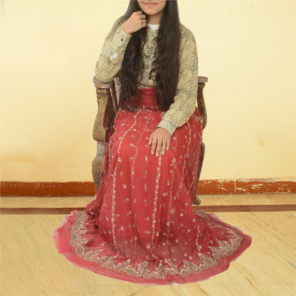 Sanskriti Vintage Dark Red Long Skirt Net Hand Embroidered Unstitched Lehenga