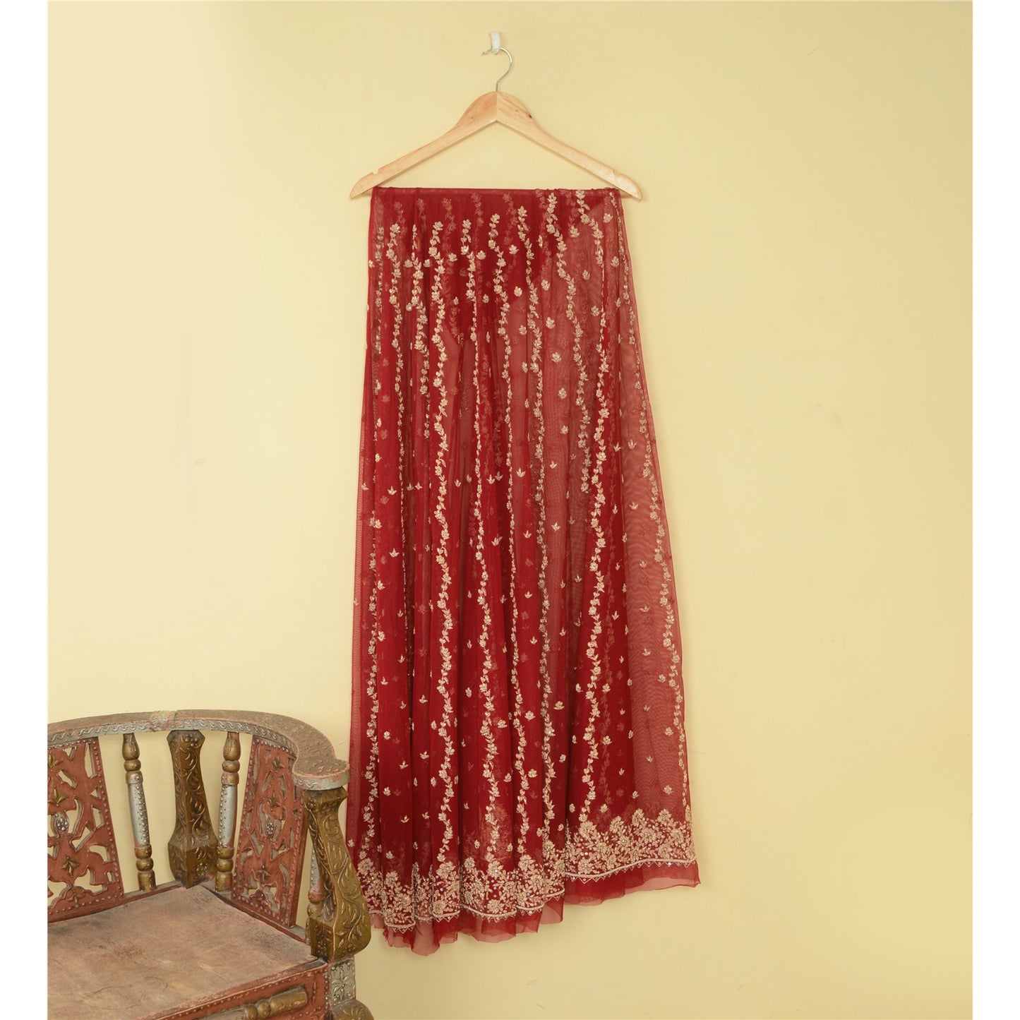 Sanskriti Vintage Red Long Skirt Net Mesh Hand Embroidered Unstitched Lehenga