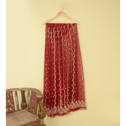 Sanskriti Vintage Red Long Skirt Net Mesh Hand Embroidered Unstitched Lehenga