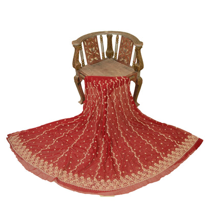 Sanskriti Vintage Red Long Skirt Net Mesh Hand Embroidered Unstitched Lehenga