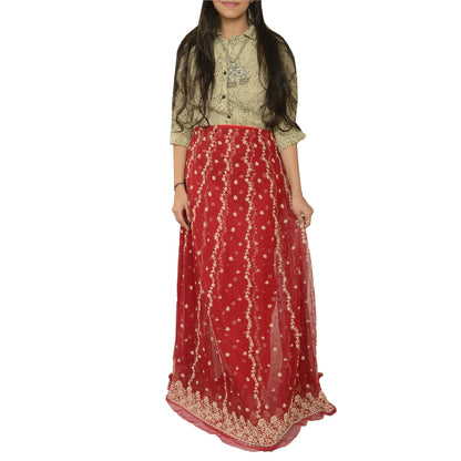 Sanskriti Vintage Red Long Skirt Net Mesh Hand Embroidered Unstitched Lehenga