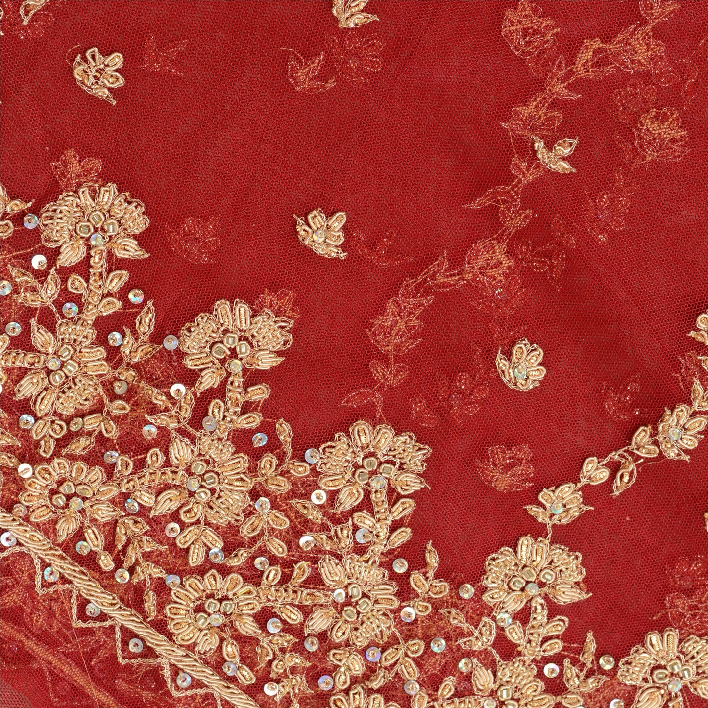 Sanskriti Vintage Red Long Skirt Net Mesh Hand Embroidered Unstitched Lehenga