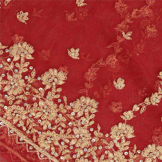 Sanskriti Vintage Red Long Skirt Net Mesh Hand Embroidered Unstitched Lehenga