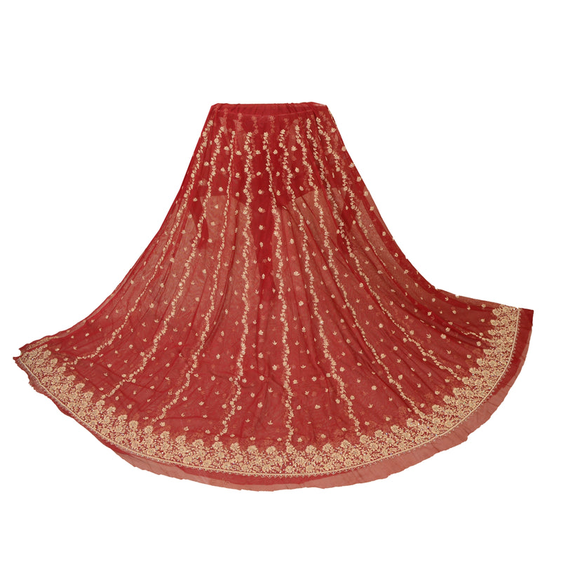 Sanskriti Vintage Red Long Skirt Net Mesh Hand Embroidered Unstitched Lehenga