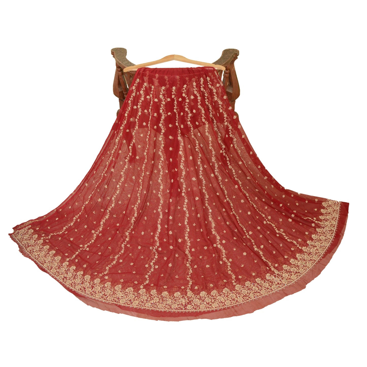 Sanskriti Vintage Red Long Skirt Net Mesh Hand Embroidered Unstitched Lehenga