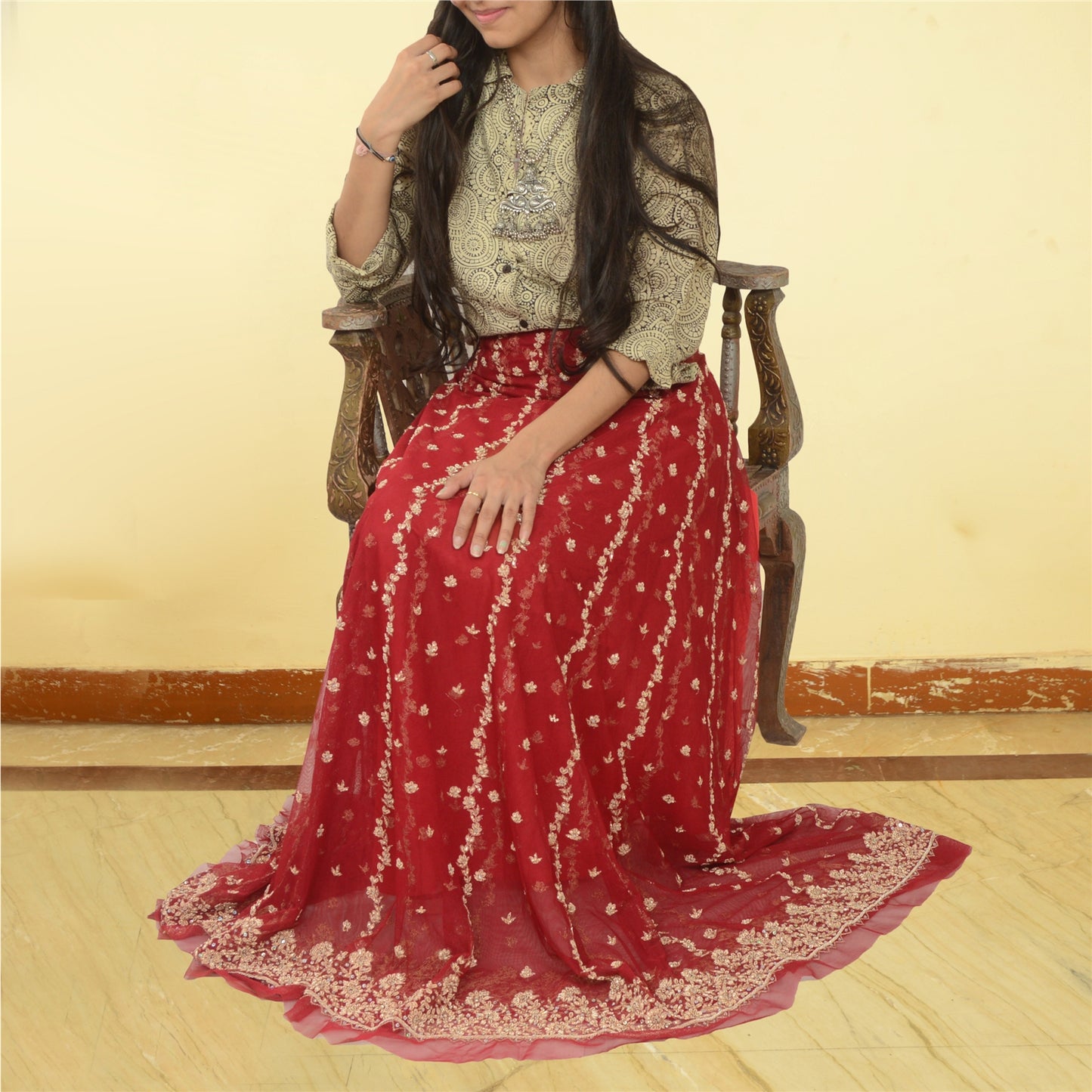 Sanskriti Vintage Red Long Skirt Net Mesh Hand Embroidered Unstitched Lehenga