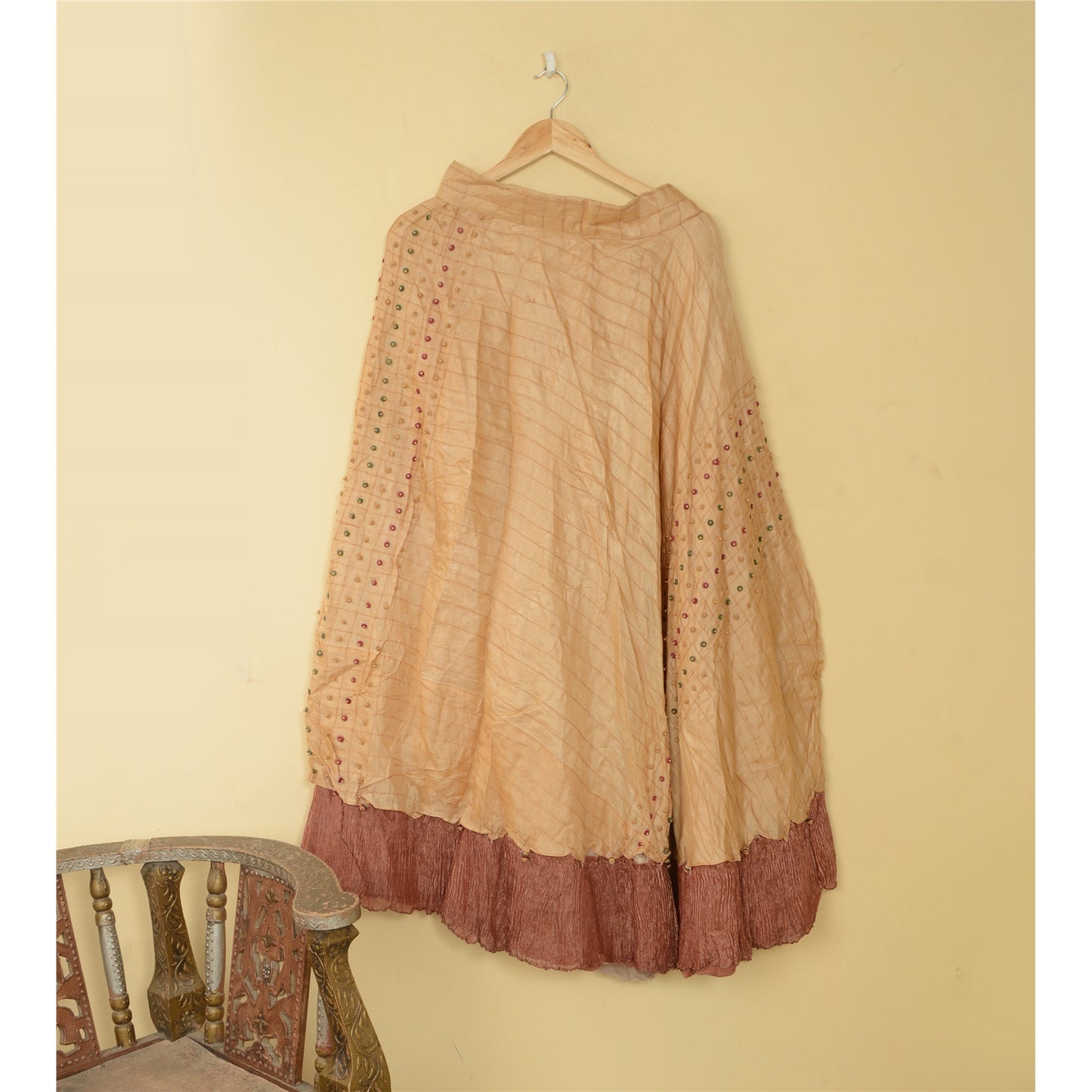 Sanskriti Vintage Cream Long Skirt Pure Silk Hand Beaded Stitched Party Lehenga