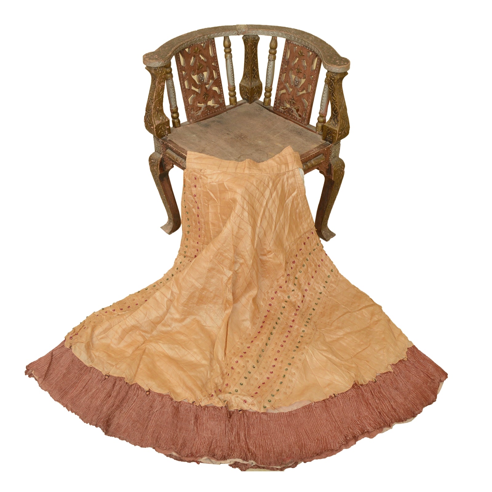 Sanskriti Vintage Cream 100% Pure Silk Long Skirt Stitched Hand Beaded Partywear