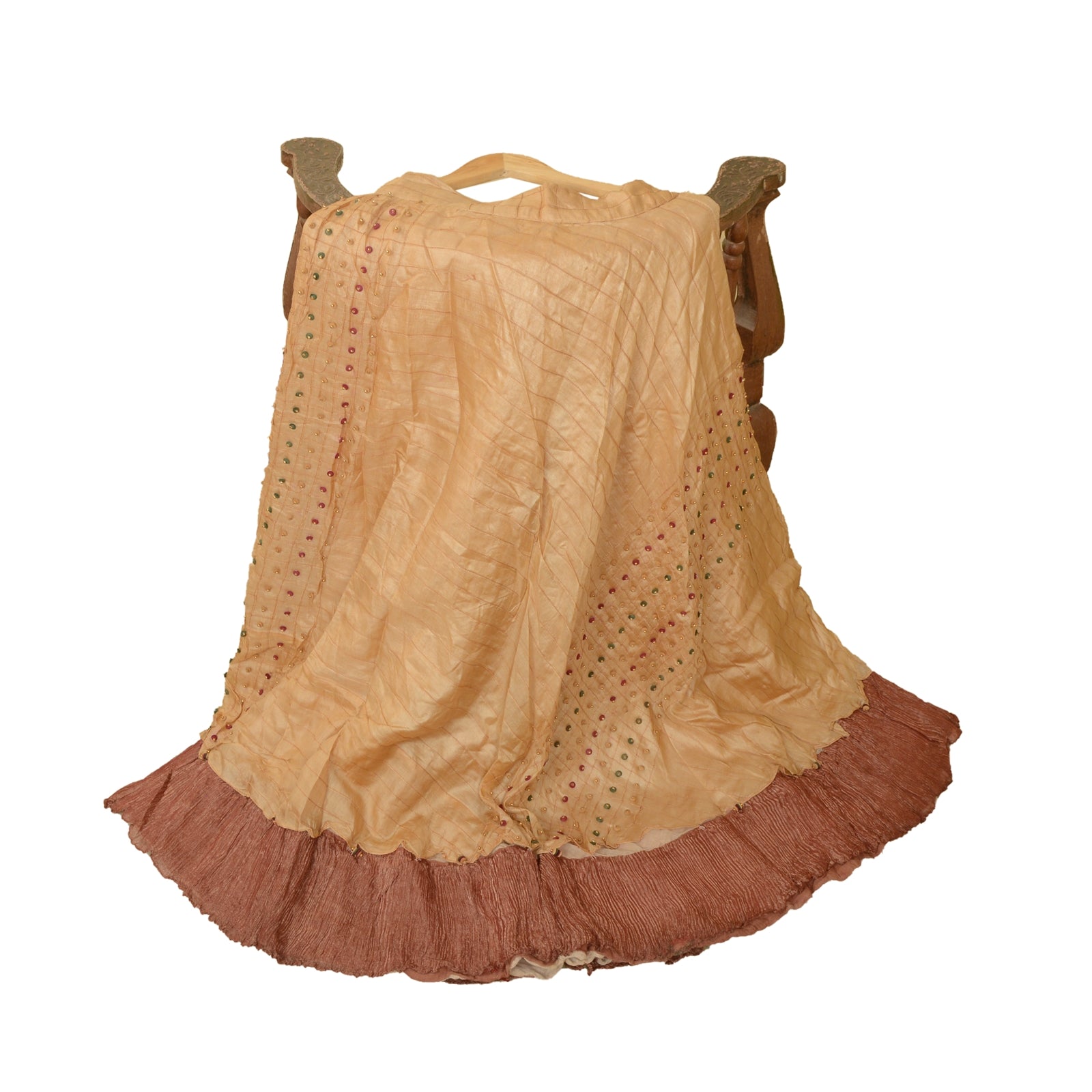 Sanskriti Vintage Cream 100% Pure Silk Long Skirt Stitched Hand Beaded Partywear