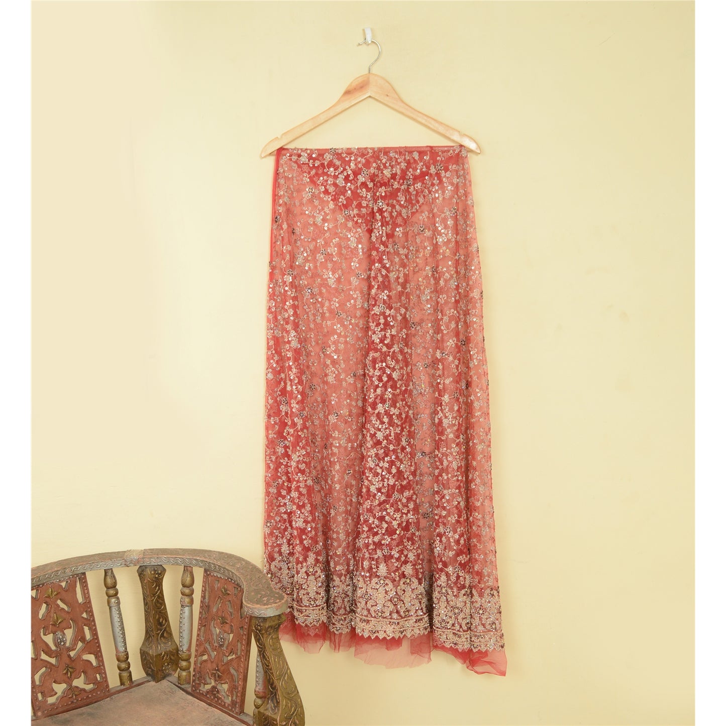 Sanskriti Vintage Red Long Skirt Net Mesh Hand Beaded Unstitched Ethnic Lehenga