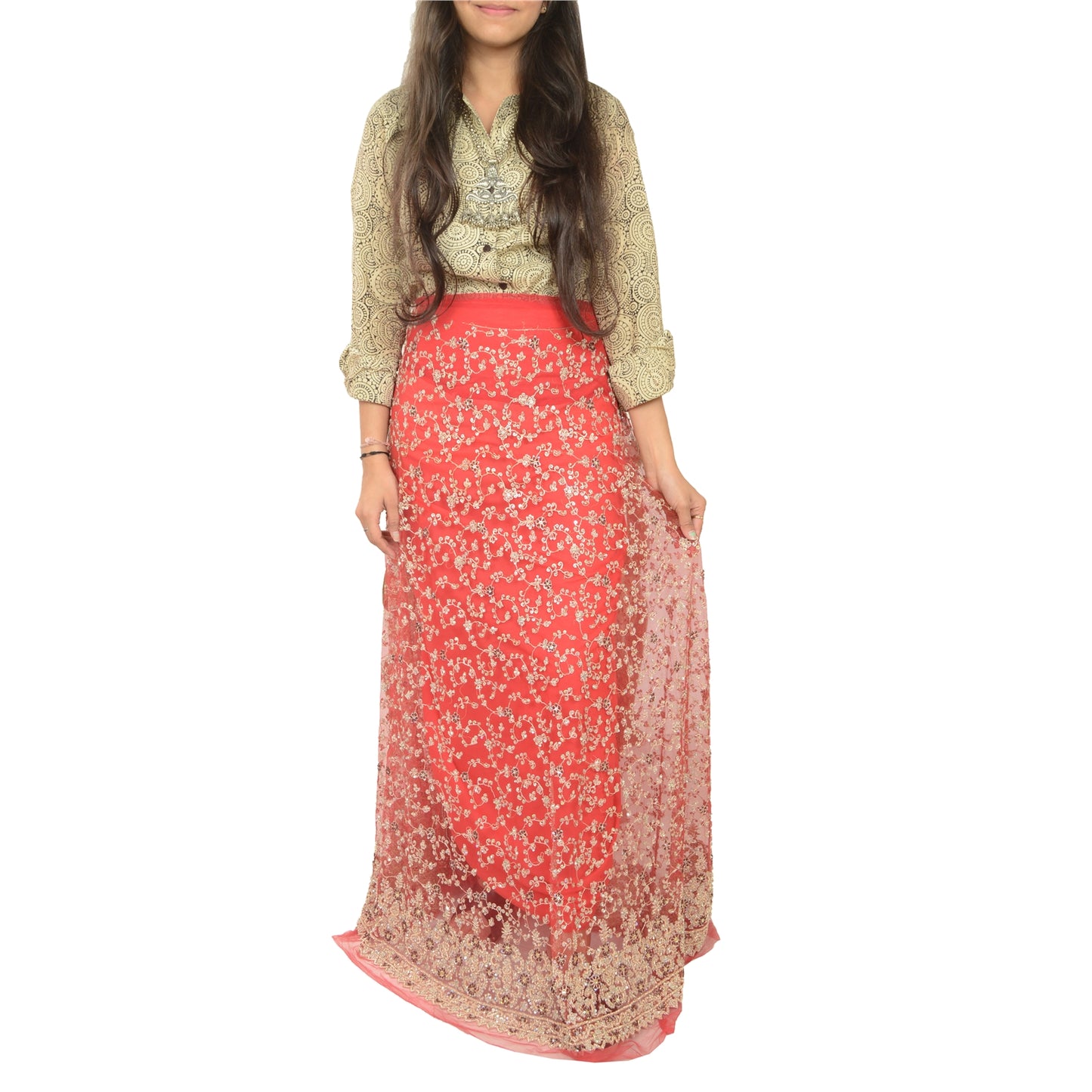 Sanskriti Vintage Red Long Skirt Net Mesh Hand Beaded Unstitched Ethnic Lehenga
