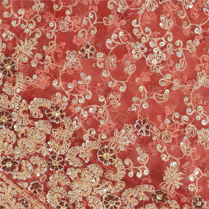 Sanskriti Vintage Red Long Skirt Net Mesh Hand Beaded Unstitched Ethnic Lehenga